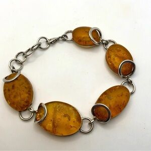 Vtg Sterling Silver Amber Cabochon Stone Link Bracelet 7” - 8” Adjustable